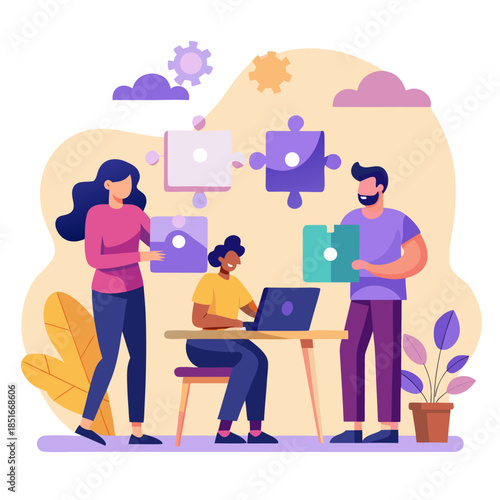 Teamwork Puzzle: Illustrating synergy and collaboration, a diverse team works together to connect puzzle pieces and achieve a shared goal, highlighting the power of unified effort.