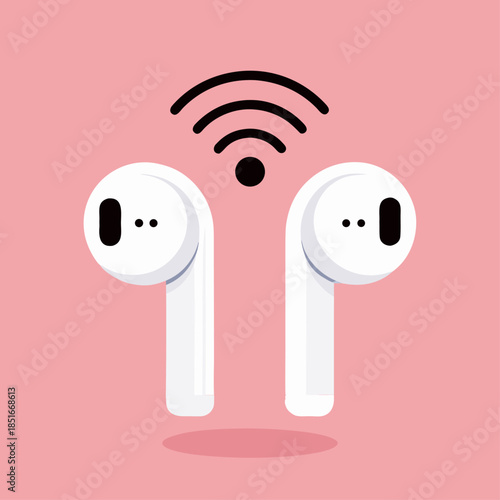 Wireless Harmony: Two earbuds symbolizing the effortless connection of technology with pink background. 