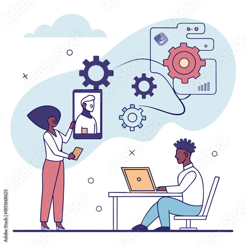 Business Team Collaboration and System Configuration Illustration. Professionals Managing Data, Settings, and Remote Communication via Technology.