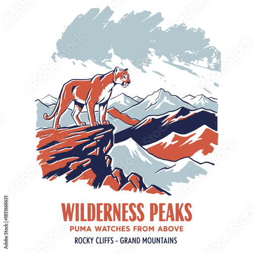 Puma illustration, vintage graphic t-shirt design, cougar on mountain peak, retro nature poster, wilderness peaks, big cat wild animal, rocky cliffs, grand mountains, screen print style