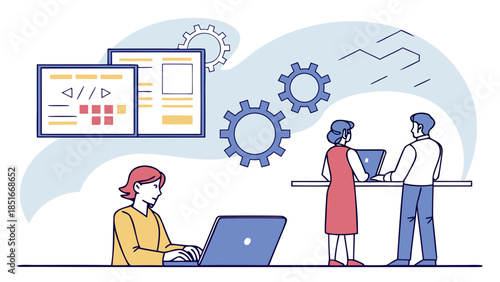 Team of Developers Working on Software Development, Coding, and Web Design Process. Flat line illustration of teamwork and technology.