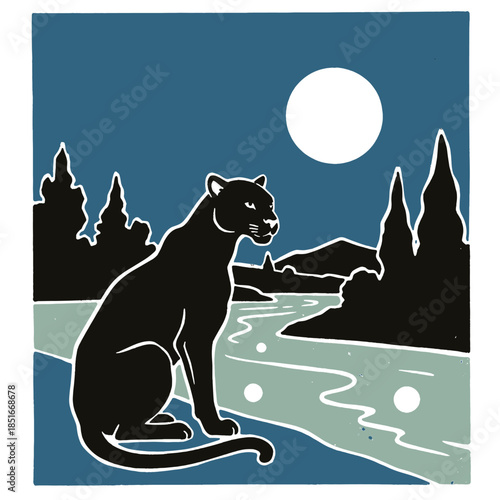 Black panther, woodcut vintage print, stylized big cat illustration, moonlit forest, river wilderness nature design, nocturnal jungle wildlife, graphic retro art