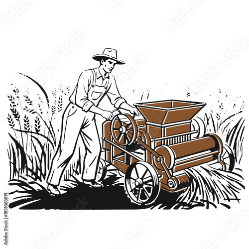 Vintage farmer thresher illustration, old harvesting machine, woodcut style farming, agricultural work, wheat harvest, grain separation vector art, retro farm labor