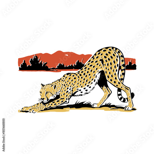 Cheetah crouching illustration, wild animal artwork, African safari hunter, stylized big cat vintage design, savanna nature print, retro jungle vector graphic