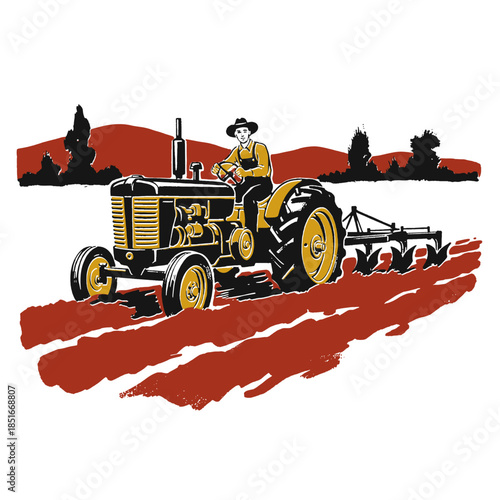 Vintage tractor farming illustration, retro woodcut style, farmer plowing field, agriculture, rural life, agricultural machinery, harvest, classic vehicle print