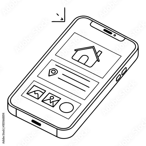 Isometric line art drawing of a smartphone displaying a mobile application interface with house icon, map pin, and image placeholders