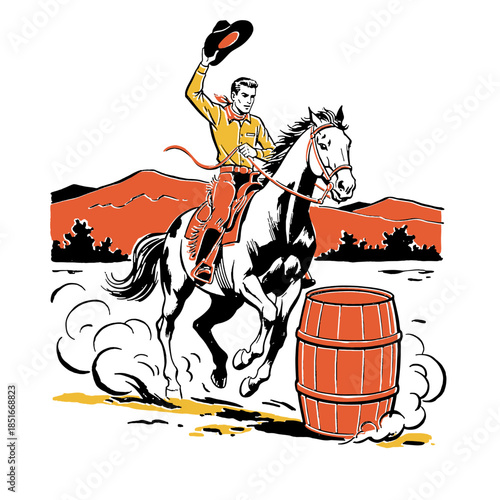 Rodeo cowboy on running horse barrel race illustration, vintage western design, retro vector art, wild west sportsman, classic comic style print