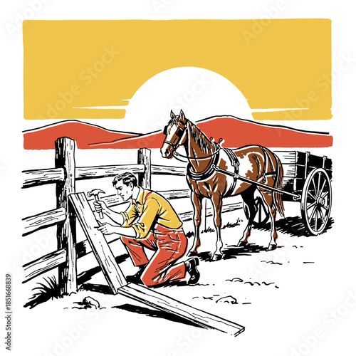 Farmer repairing wooden fence, vintage retro style illustration, agricultural worker, manual labor, horse drawn cart, wagon, sun, rustic ranch background, Americana, hardworking man
