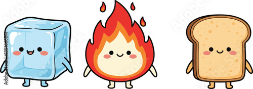 Three Cute Kawaii Cartoon Characters, Including Ice Cube, Fire Flame, and Slice of Toast, Representing Opposites, Food, and Simple Fun Designs.