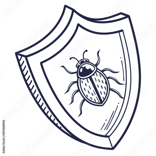 Hand drawn shield with a bug inside, concept of antivirus protection, cybersecurity, software bug defense