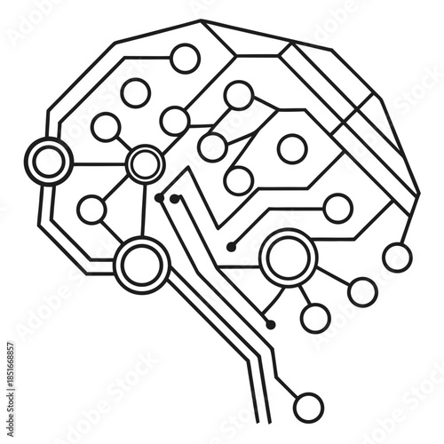 Outline of a stylized human brain with circuit board connections, representing artificial intelligence and machine learning concept