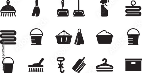 Black cleaning icons for household chores and organization