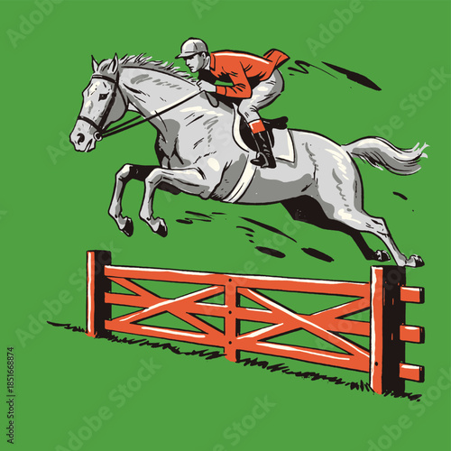 Equestrian jumping, horse rider, jockey, vintage illustration, gray horse leaping over red fence, steeplechase sport, retro woodcut graphic