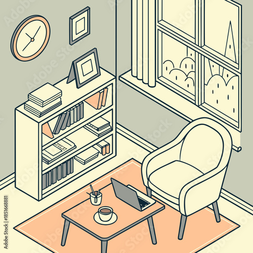 Cozy isometric illustration of a reading nook with a comfortable armchair, small coffee table, laptop, and bookshelf