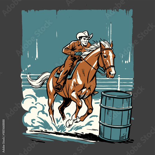 Rodeo cowboy on horse barrel racing, vintage illustration, western sport, galloping stallion, wild west retro graphic design print, equestrian event.