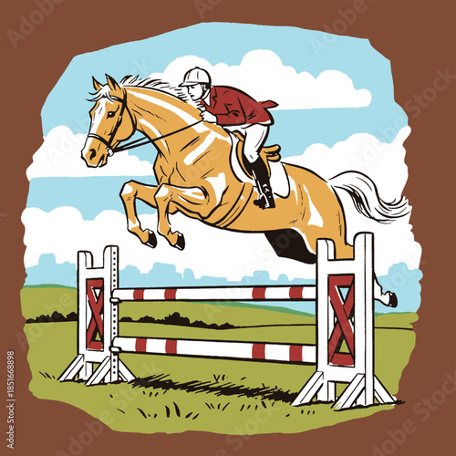 Equestrian horse jumping illustration, retro vintage style, rider jumping obstacle, show jumping, dressage, horse racing, classic print, athletic sport, competition art, old-school design