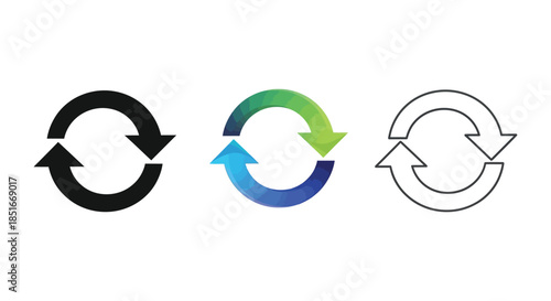 Set of three refresh or reload circular arrow icons in solid black, blue-green gradient, and outline styles symbolizing update or cycle
