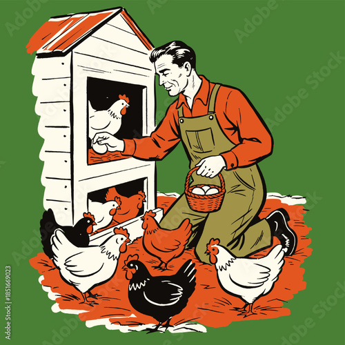 Farmer collecting eggs, chickens, henhouse, vintage retro illustration, farm worker, poultry, agriculture, rustic life, food production, 1950s style, homestead