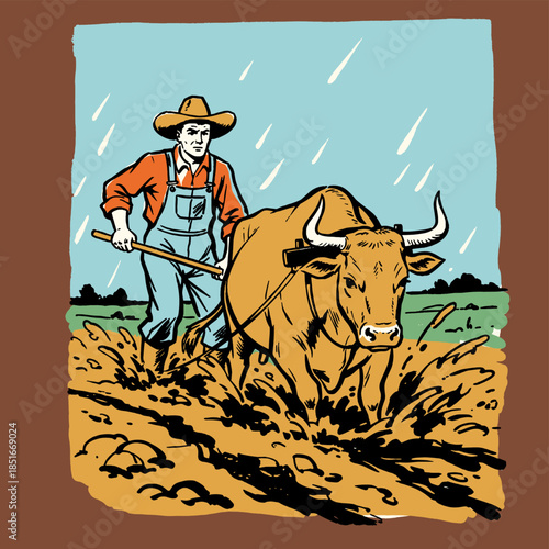 Farmer plowing field with ox, vintage agriculture illustration, retro style farm labor, working man, bull pulling plow, rural life, traditional, Americana design