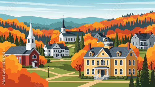 Charming Autumnal Village Scene with Historic Architecture and Vibrant Fall Foliage