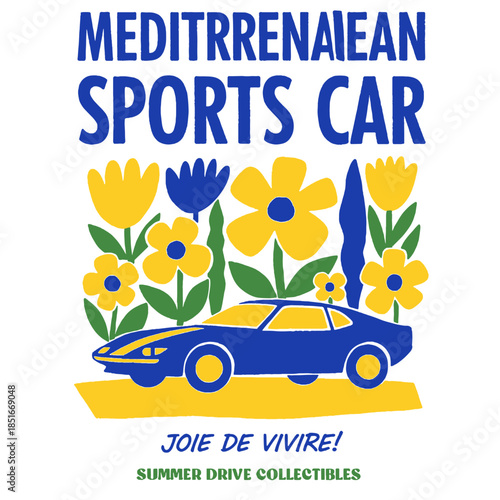 Mediterranean sports car illustration, vintage print design, summer drive collectible, blue yellow floral retro poster, Joie de Vivre graphic