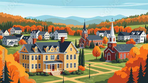 Idyllic Autumn Village Scene with Colorful Foliage and Charming Architecture