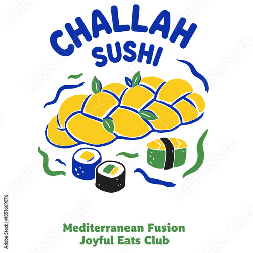 Challah sushi typography logo design, fusion food, braided bread, kosher japanese meal, joyful eats club, shabbat dinner, mediterranean cuisine, funny, playful illustration, sticker