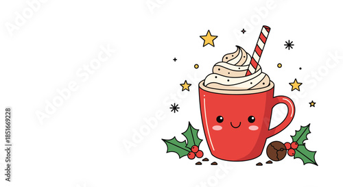 Whimsical red mug of hot chocolate with whipped cream, a striped straw, and Christmas decorations including holly and sparkling stars.