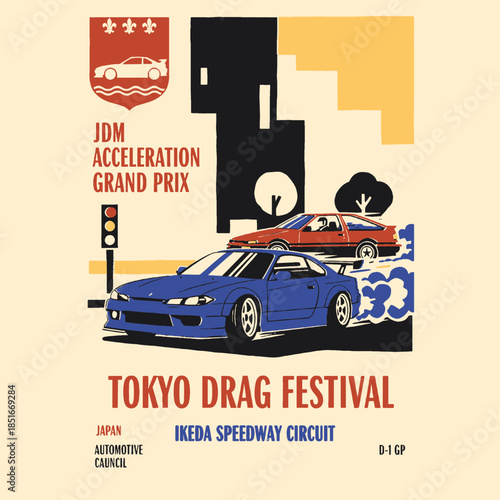 JDM drag race poster design, Tokyo festival illustration, vintage racing graphic, blue sports car burnout, Japanese drift art, retro speedway print, automotive culture, motorsport event