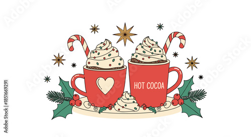 Charming illustration of hot cocoa mugs, whipped cream, candy canes, and holiday foliage on a plate, perfect for Christmas celebrations.