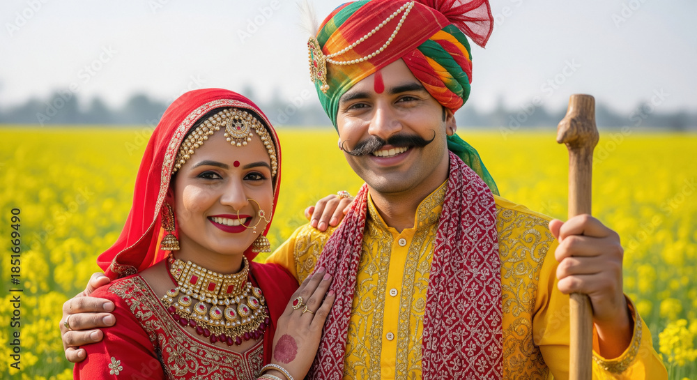 Naklejka premium Smiling traditional Indian couple in vibrant wedding attire standing in a blooming mustard field