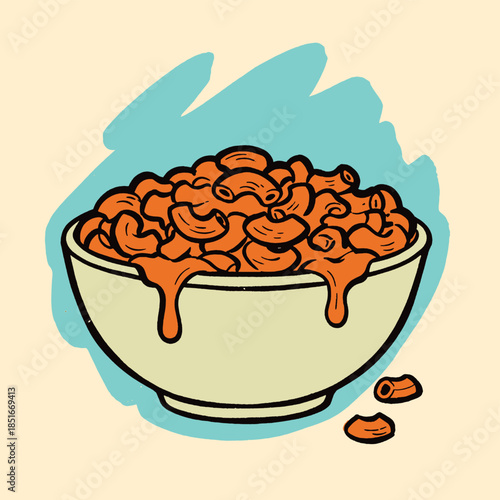 Macaroni and cheese bowl, mac n cheese, cheesy pasta, comfort food, vintage illustration, retro pop art style, cartoon, elbow noodles, vibrant orange, melted cheese drip, fast food