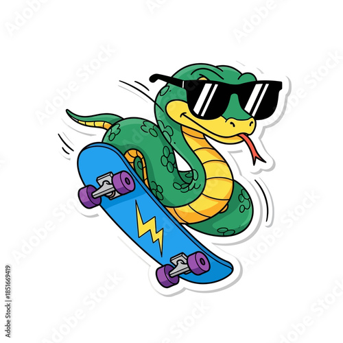Cool cartoon snake riding skateboard with sunglasses