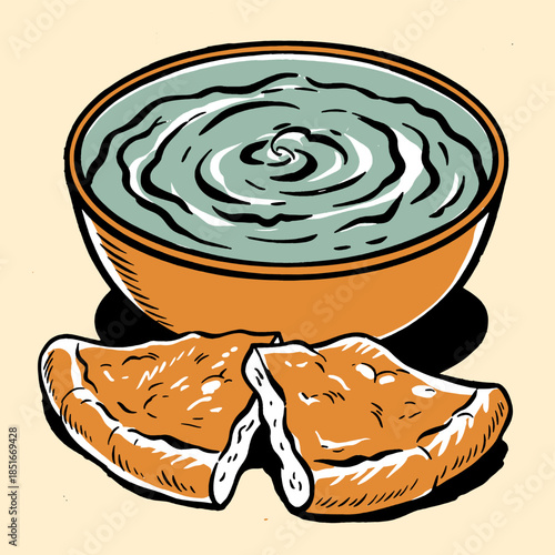 Vintage food illustration, dipping sauce and pita bread slices, retro appetizer bowl art, screen print style, hummus, guacamole, tzatziki, vibrant pop art
