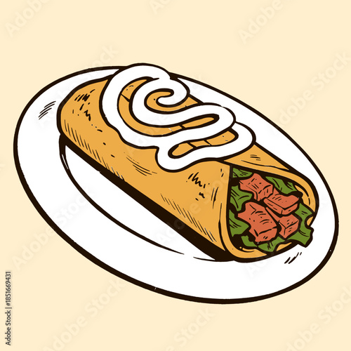 Burrito illustration, Mexican food drawing, enchilada, chimichanga, vintage woodcut style, retro fast food poster art, lunch, sour cream, beef, wrap on plate, engraved