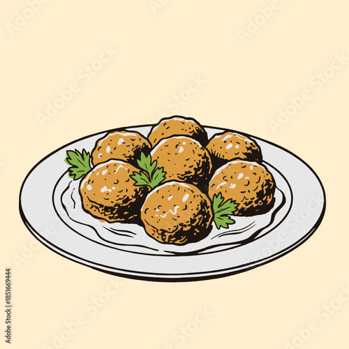Meatballs vintage illustration, appetizer food design, plate of kofta, Italian cuisine, cooked meat balls, dining meal graphic, retro food poster, hand drawn engraving style vector