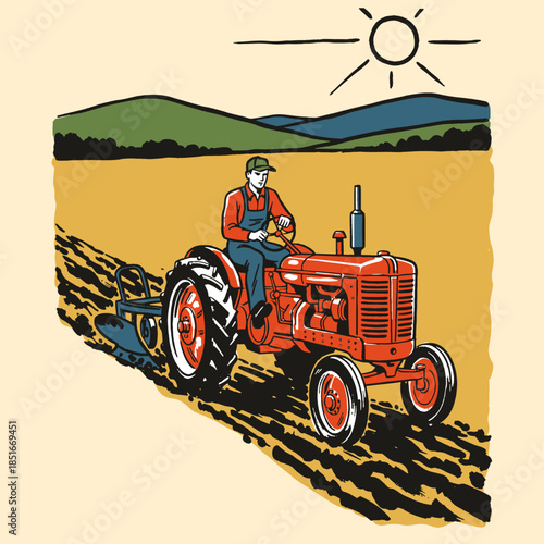 Farmer plowing field with vintage red tractor, rural farming labor, retro agriculture poster design, farm equipment illustration, plowing soil, harvest season