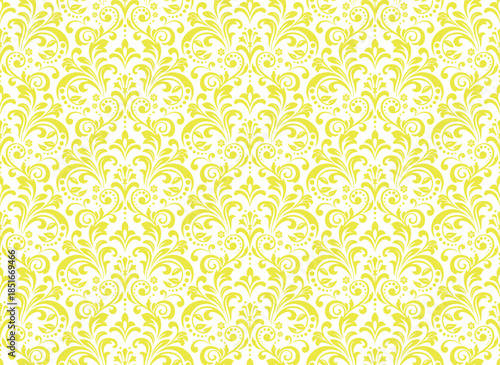 Wallpaper in the style of Baroque. White and yellow floral ornament. Seamless vector background. Graphic pattern for fabric, wallpaper, packaging. Ornate Damask flower illustration