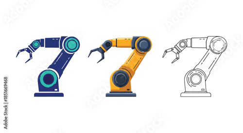 Set of three industrial robotic arm icons in blue flat design, yellow flat design, and black outline sketch styles