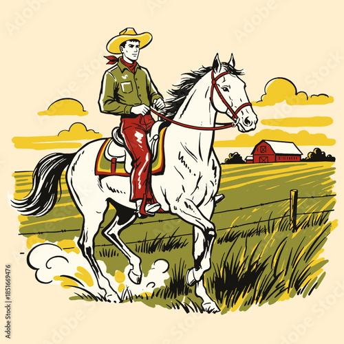 Cowboy on horse, vintage illustration, western ranch retro art, wild west rider, rodeo, white stallion, farm landscape, red barn, screen print style, Americana