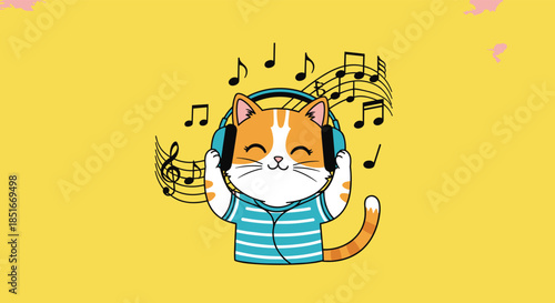A cute orange and white cartoon cat with blue headphones and a striped shirt, enjoying music with floating notes on a vibrant yellow background.