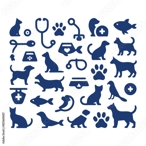 Complete Veterinary Clinic and Pet Care Icon Set - Animal Silhouettes, Medical Stethoscope, Grooming Tools, and Pet Supplies Symbols