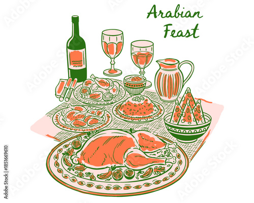 Feast Eternal illustration, Iftar dinner, lavish banquet, holiday celebration, Eid gathering, Muslim culture, abundance, vintage drawing, Ramadan meal, roast, cake, dessert, kebab, women in hijab