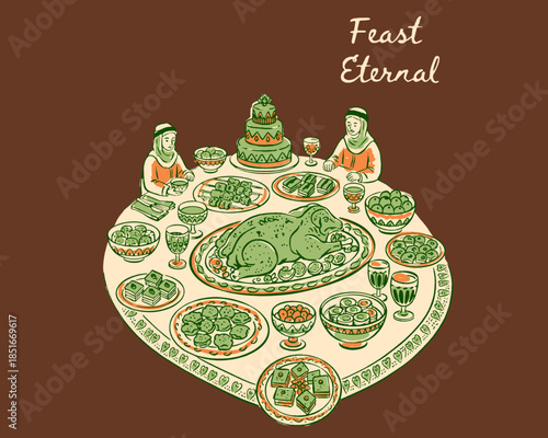 Feast Eternal illustration, Iftar dinner, lavish banquet, holiday celebration, Eid gathering, Muslim culture, abundance, vintage drawing, Ramadan meal, roast, cake, dessert, kebab, women in hijab