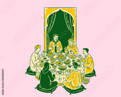 Moroccan family dinner illustration, Iftar meal, Ramadan Kareem celebration, communal feasting, traditional Arab dining, tagine, Islamic culture