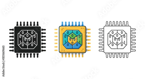 Set of three quantum computer chip processor icons with binary code cube structure in solid black, color, and outline styles