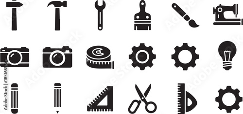 Black icons of various tools and objects on white background