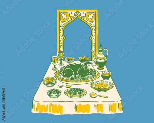 Mutton feast, roasted lamb dinner, traditional cuisine, Eid celebration, Middle Eastern food, Arabic banquet table, Islamic holiday meal, ornate archway window, vintage illustration
