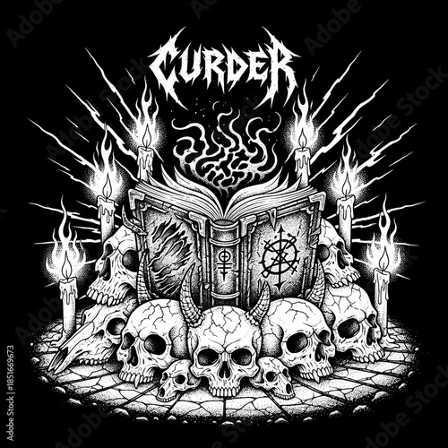 Occult Book Surrounded by Skulls and Candles.