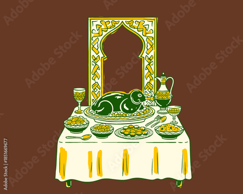 Traditional Arab feast, Eid dinner, Iftar meal, whole roasted lamb, Moroccan cuisine, vintage illustration, Moorish arch, Islamic food, holiday banquet